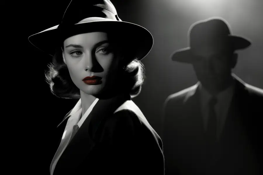 A woman in a hat looking straight out, a blurred figure behind her